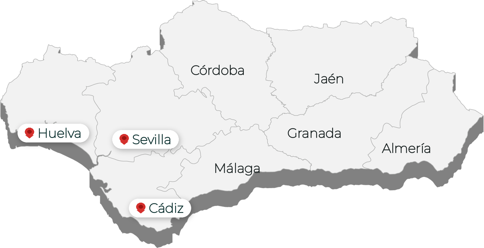 Mapa de Andalucía con Huelva, Sevilla y Cádiz marcadas